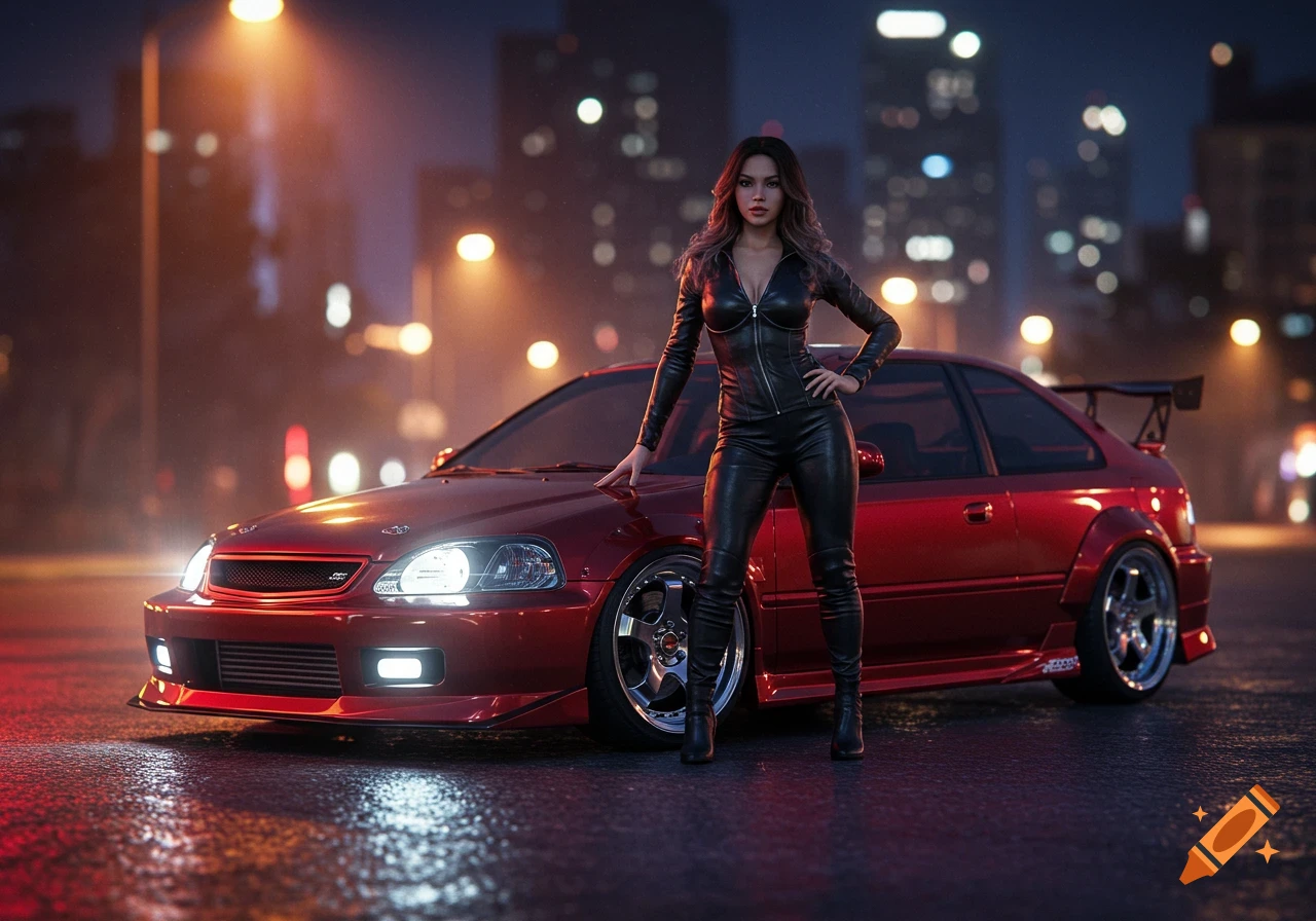 A woman in a black leather jumpsuit poses next to a red modified Honda Civic on a wet city street at night, with blurred city lights.