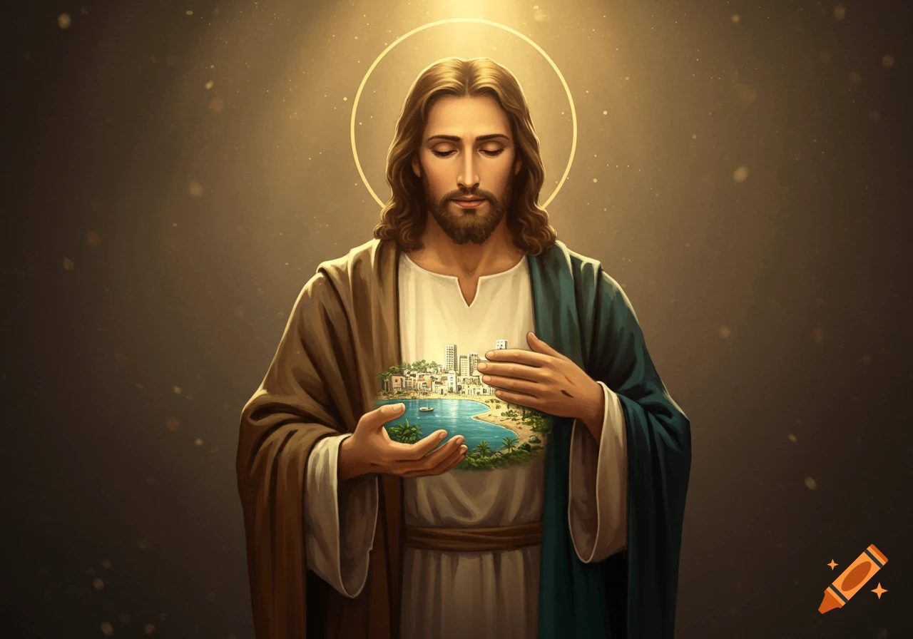 Digital illustration of Jesus with a halo, eyes closed, holding a miniature coastal city and landscape in his hands.