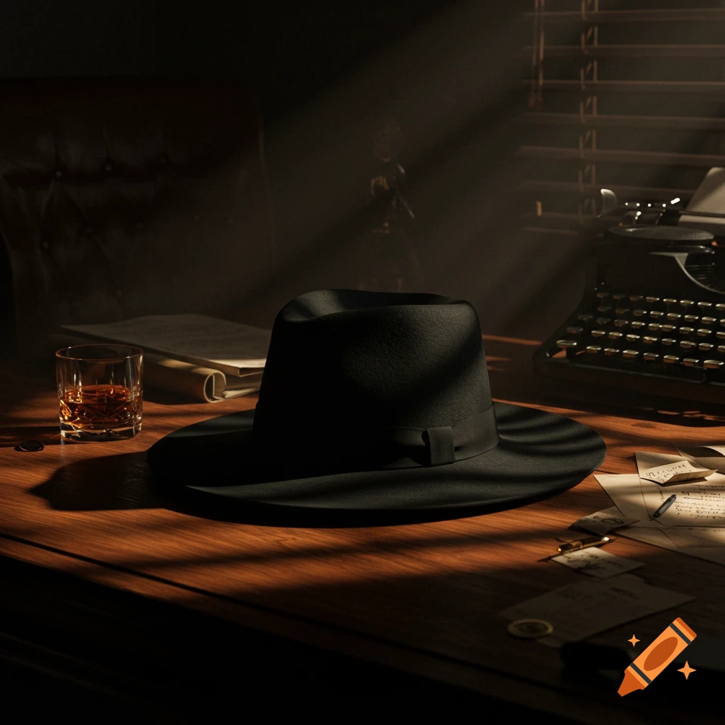 A black fedora sits on a wooden desk next to a glass of whiskey and a vintage typewriter, bathed in dramatic light rays.