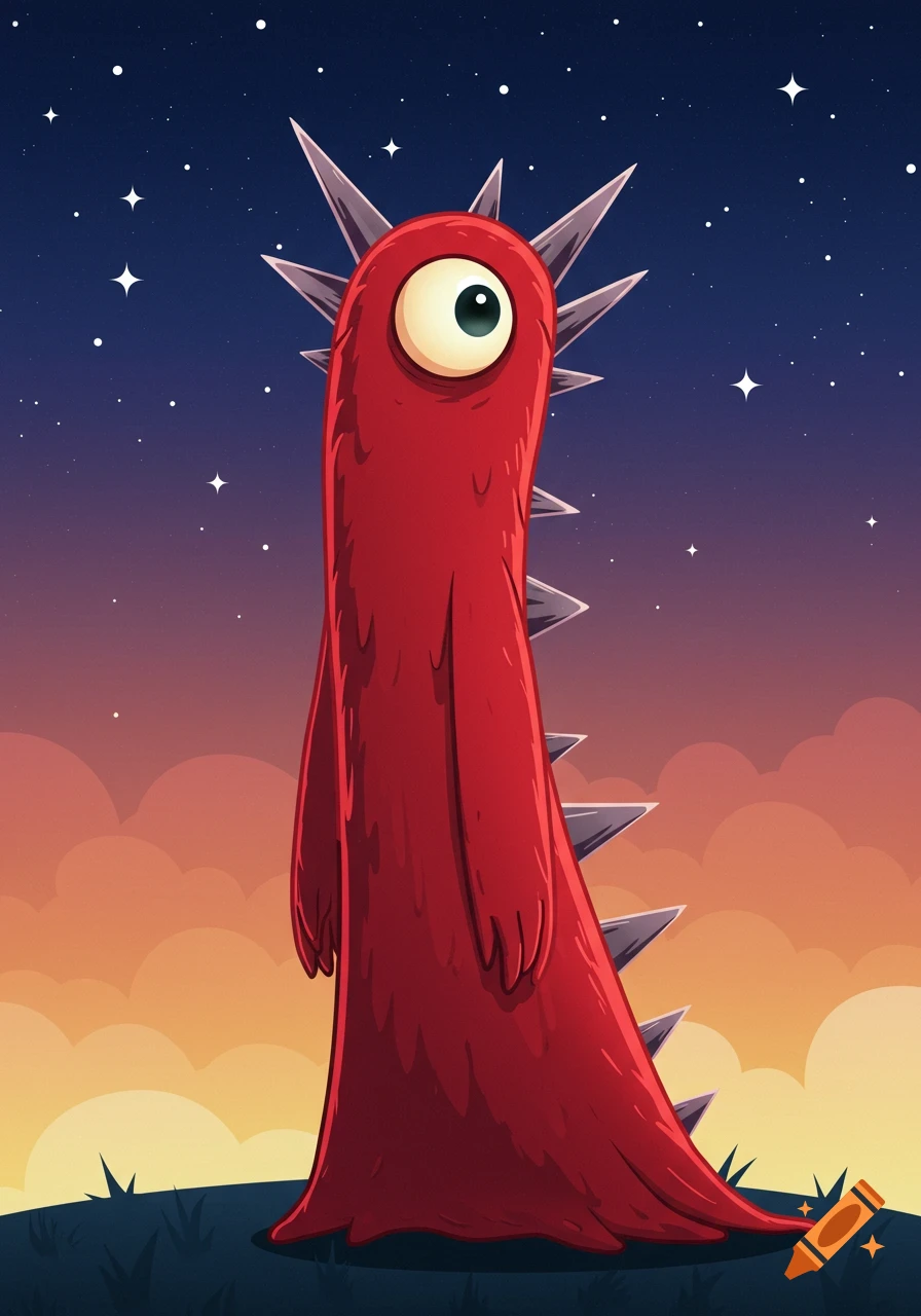 Cartoon illustration of a tall, skinny, red, one-eyed monster with head spikes, standing on a hill at sunset under a starry sky.