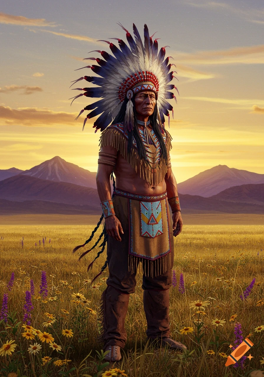 Photorealistic portrait of a Native American man in a full feathered headdress and traditional clothing in a field of wildflowers at sunset with mountains in the background.