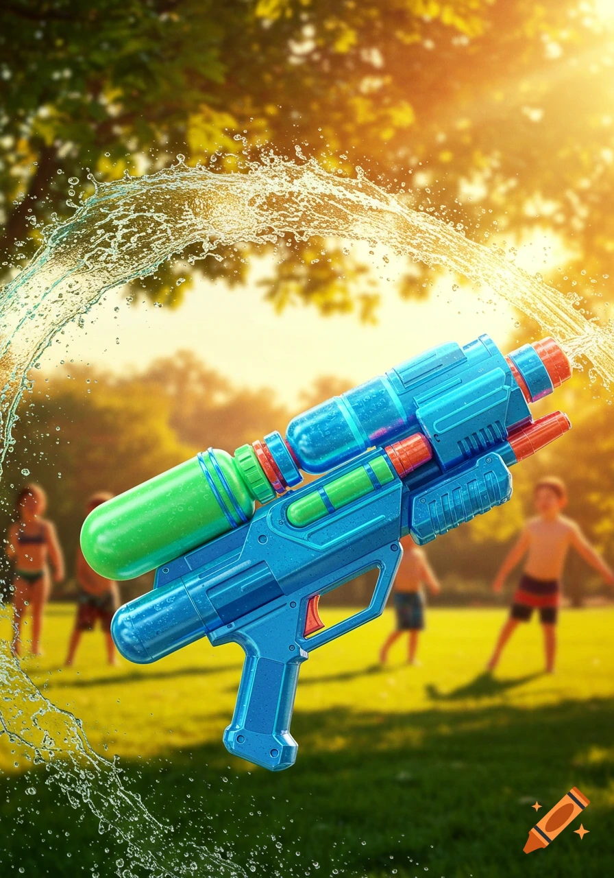 A blue and green Super Soaker spraying water in a sunny park with children playing in the background.