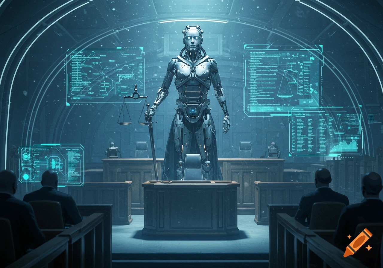 An android judge resembling Lady Justice stands in a futuristic courtroom with glowing holographic displays and observing figures.