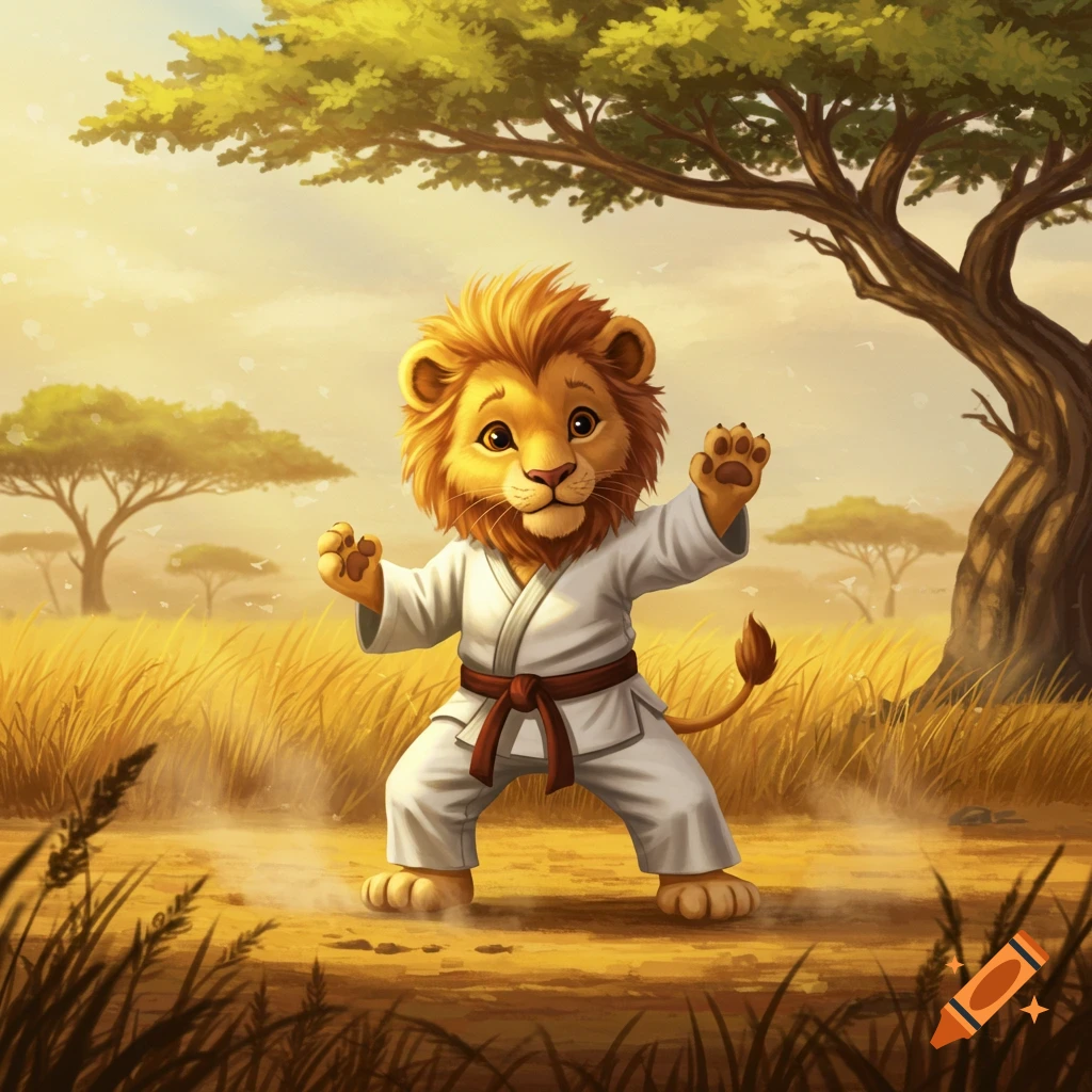 A cute cartoon lion in a white martial arts gi and red belt stands in a savannah, in a fighting stance.