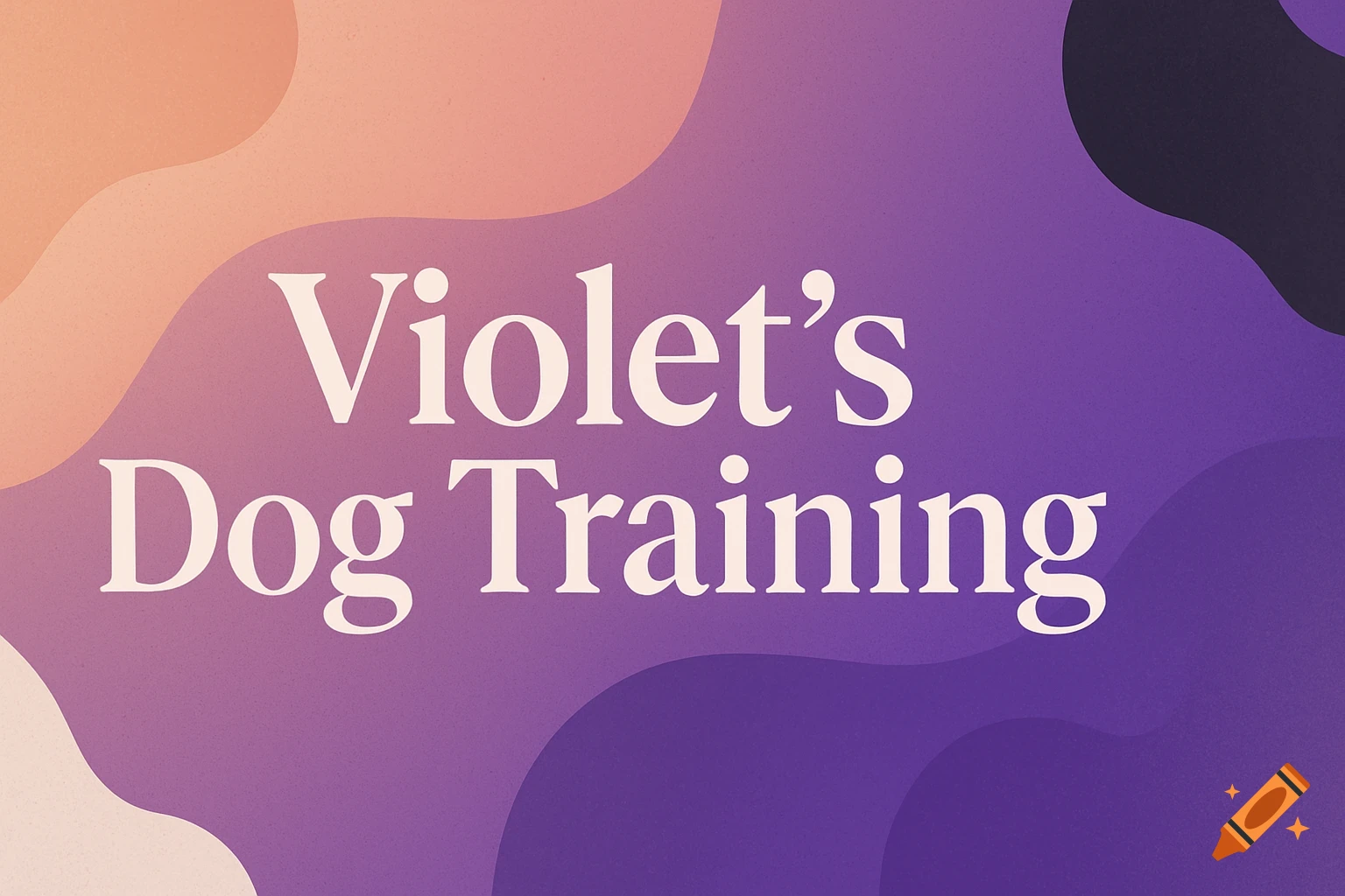 The words 'Violet's Dog Training' in white serif font on a purple and peach abstract wavy background.