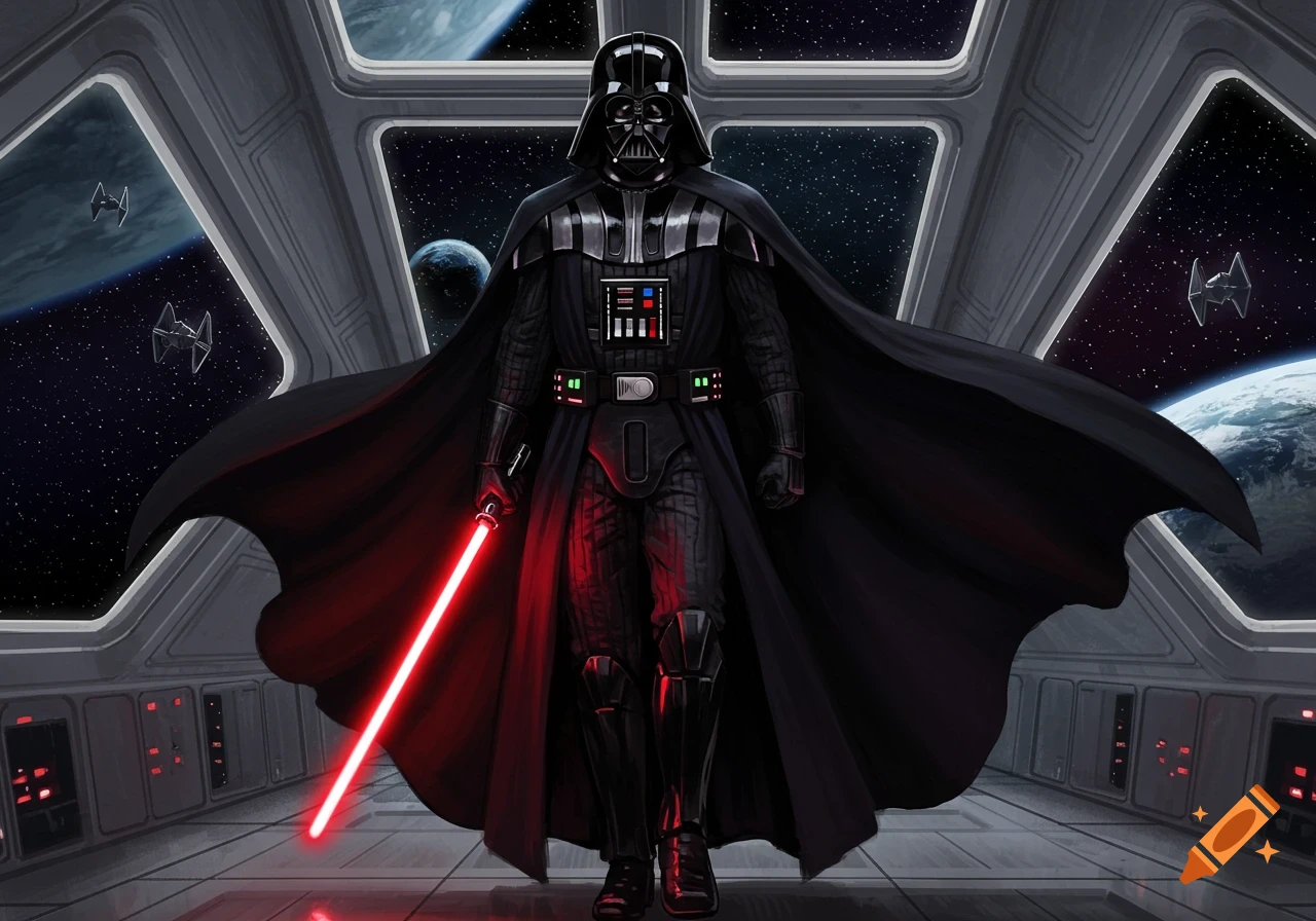 Darth Vader holding a red lightsaber inside a spaceship looking out at planets and TIE fighters in space. Digital art.