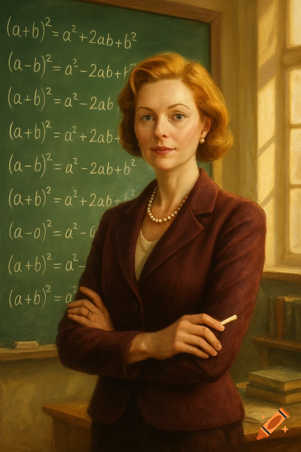Detailed painting of a female teacher with red-blonde hair, arms crossed, in a blazer, standing before a math-filled blackboard.