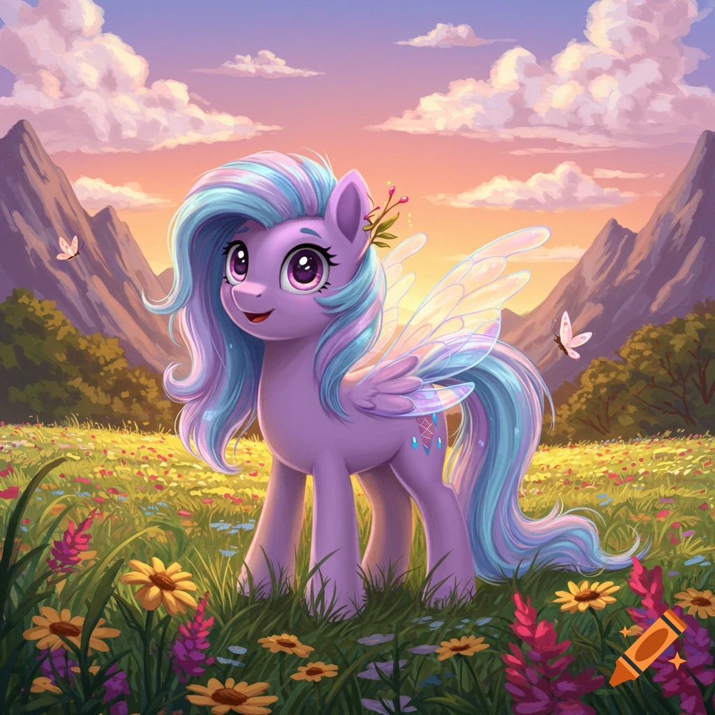 A purple winged pony with a blue and purple mane stands in a field of wildflowers with mountains and a sunset sky. Butterflies flutter around.