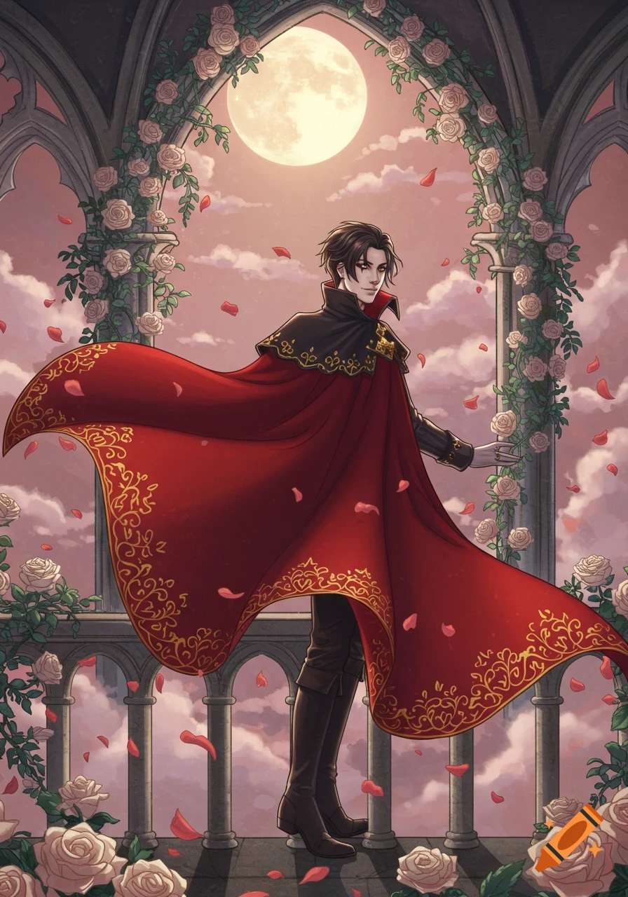 Anime illustration of a dark-haired man in a red and gold cape, standing under a rose-covered archway with a full moon and pink sky.