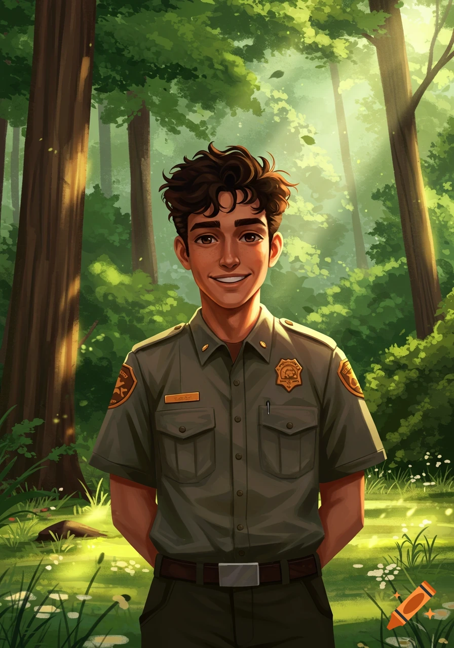 Digital painting of a happy young man with dark curly hair and brown eyes, wearing a park ranger uniform in a sun-dappled forest.