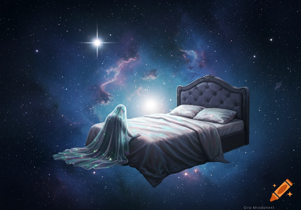 An ethereal, draped figure kneels next to a bed floating in a vast, star-filled galaxy with a bright nebula and a prominent star.