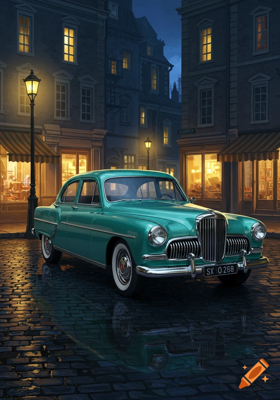 A teal vintage car parked on a wet cobblestone street at night, illuminated by streetlights and glowing shop windows.