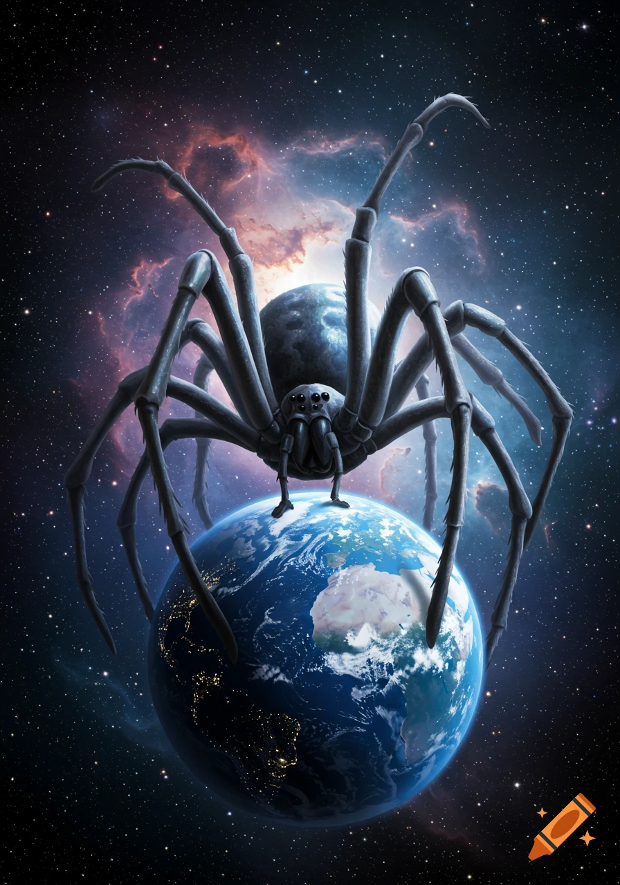 A giant dark spider stands atop Earth, viewed from space with nebulae and stars in the background.