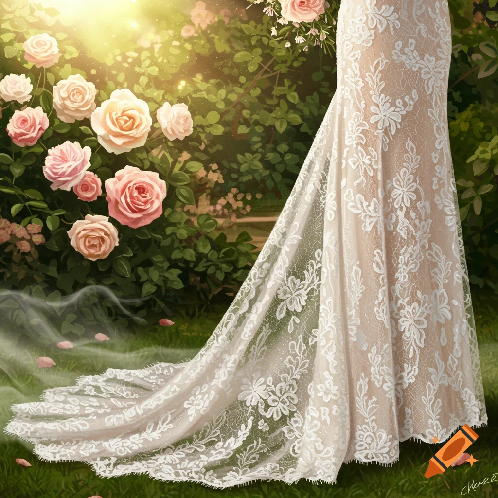 A white lace wedding dress with a long train in a garden filled with pink and peach roses, sunlight beaming through.