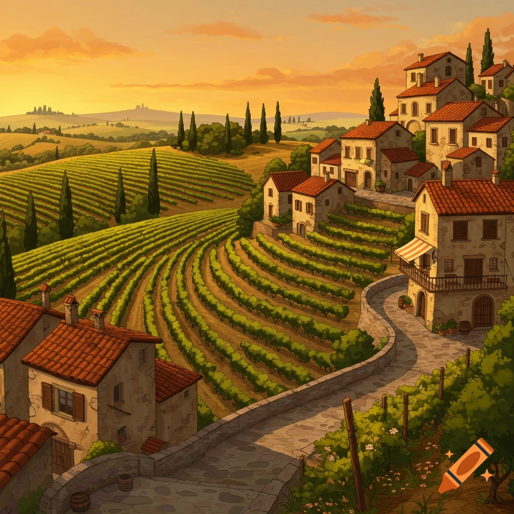 An illustrative painting of an Italian hill town nestled among sweeping vineyards at sunset.