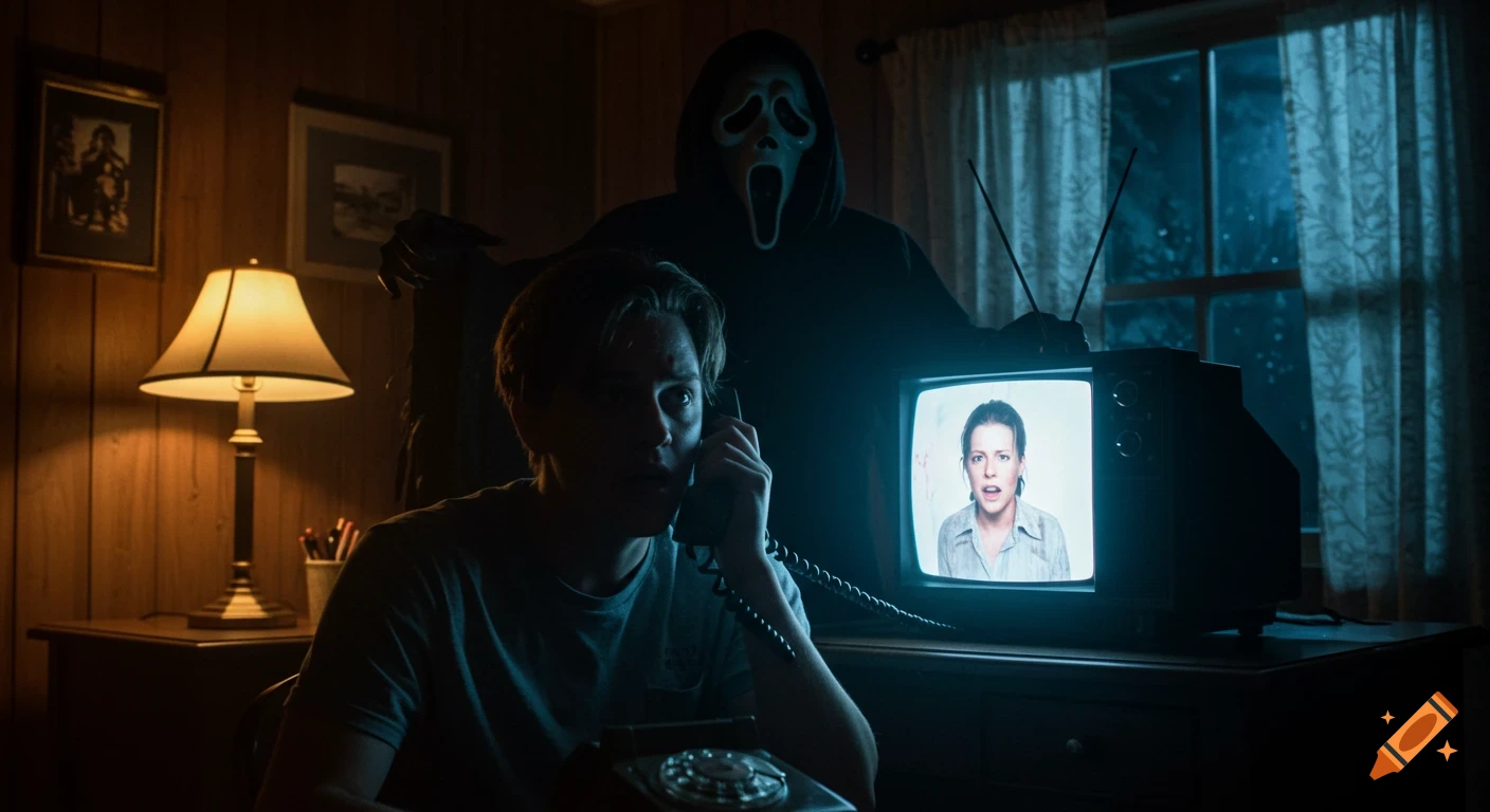 A dimly lit horror scene with Ghostface lurking behind a man on a phone, who watches a scared woman on an old TV.