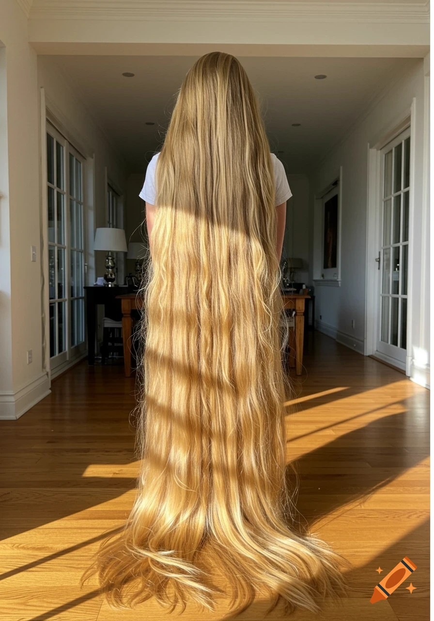 Back view of a person with extremely long, wavy blonde hair cascading to the floor in a sunlit hallway.