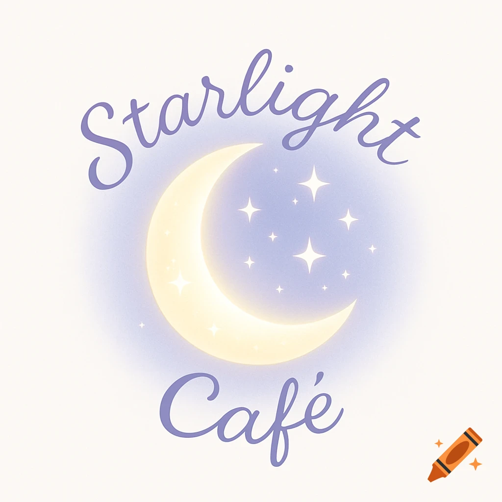 A pastel purple, blue, and white logo for 'Starlight Caf\u00e9' featuring a glowing crescent moon and sparkling stars.