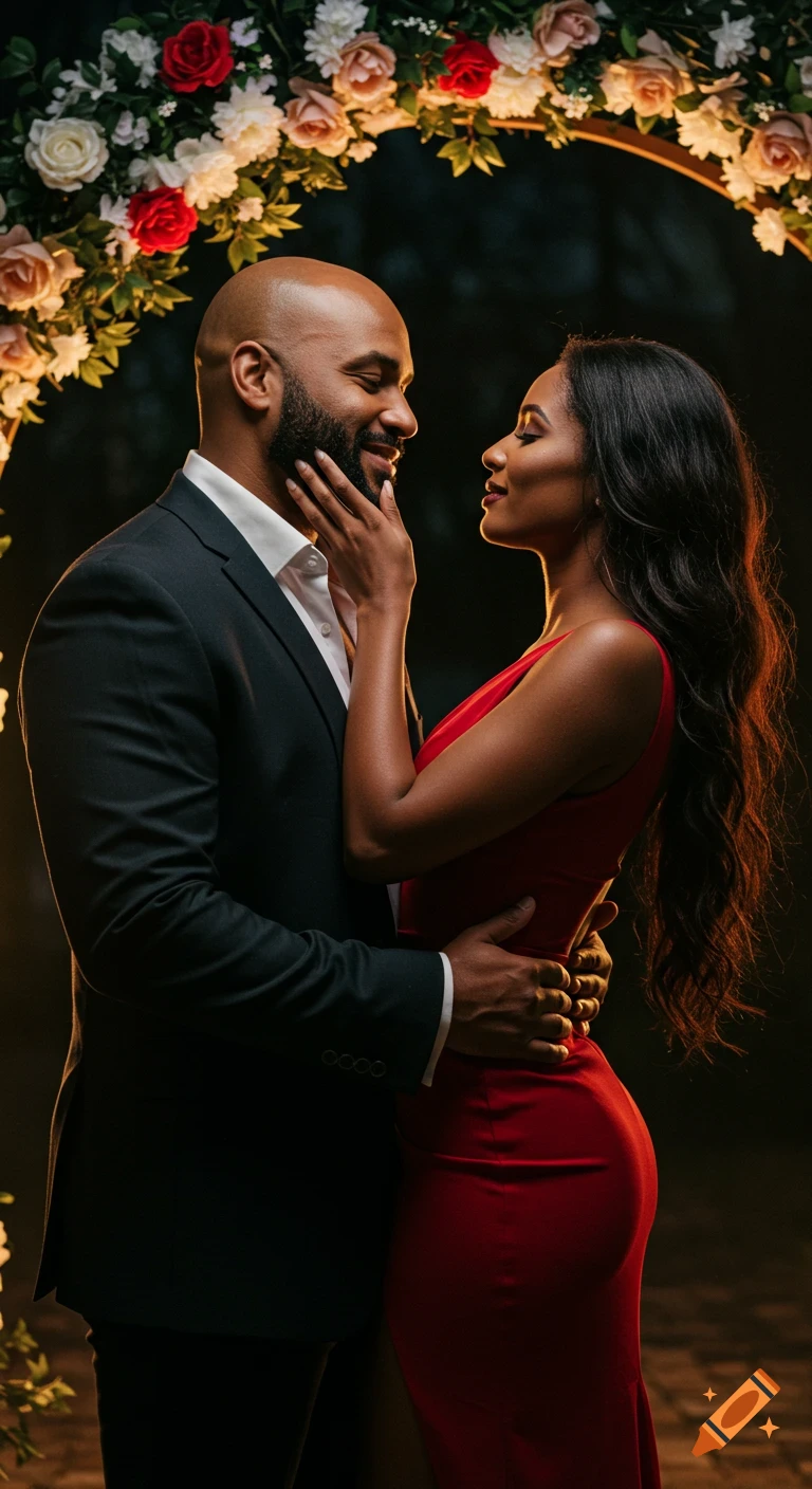 A photorealistic image of a romantic couple embracing under a floral arch in a dimly lit garden.