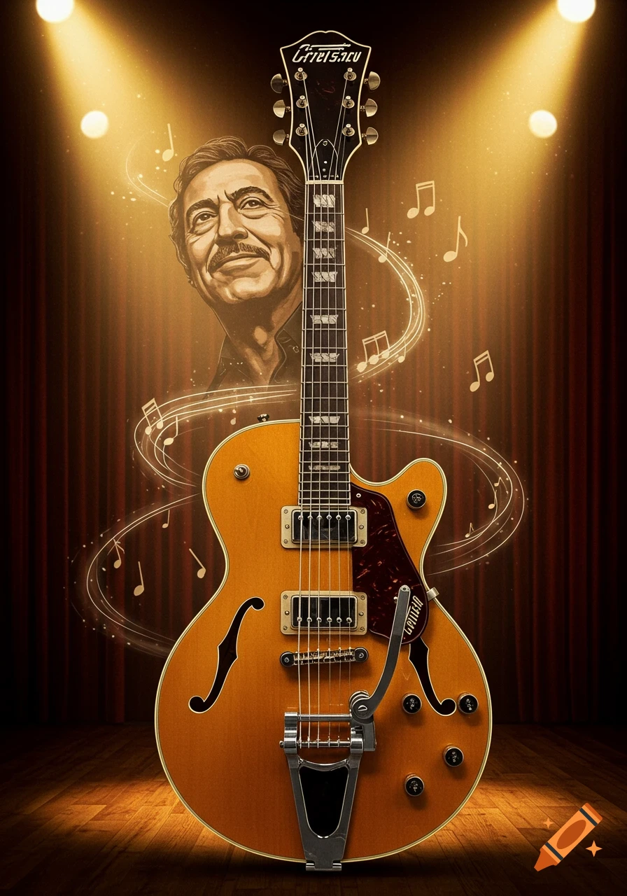 A stylized golden Gretsch guitar stands on a stage with a spotlight. Behind it, a sepia-toned portrait of a smiling man with a mustache, surrounded by floating musical notes.