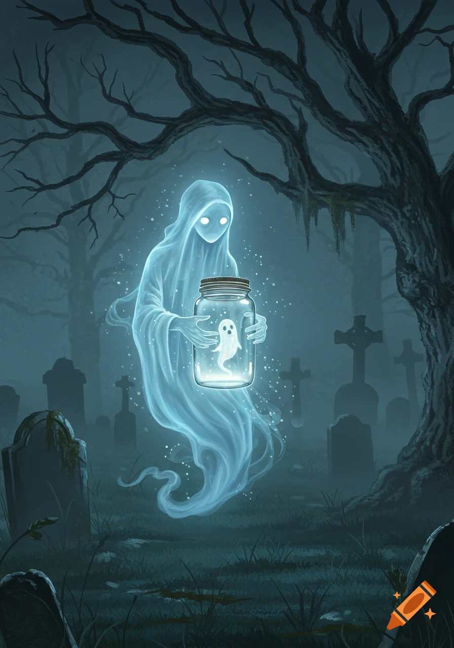 An ethereal ghost floats in a foggy graveyard, holding a jar with a glowing smaller ghost inside.
