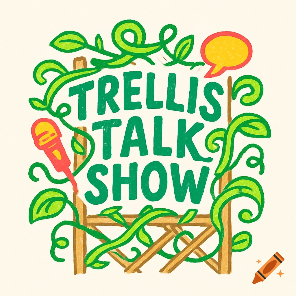 Doodle logo for Trellis Talk Show with green vines, a microphone, and a speech bubble.