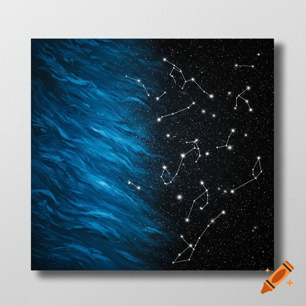 A painting on a canvas, half deep blue abstract waves, half black starry night with white constellations.