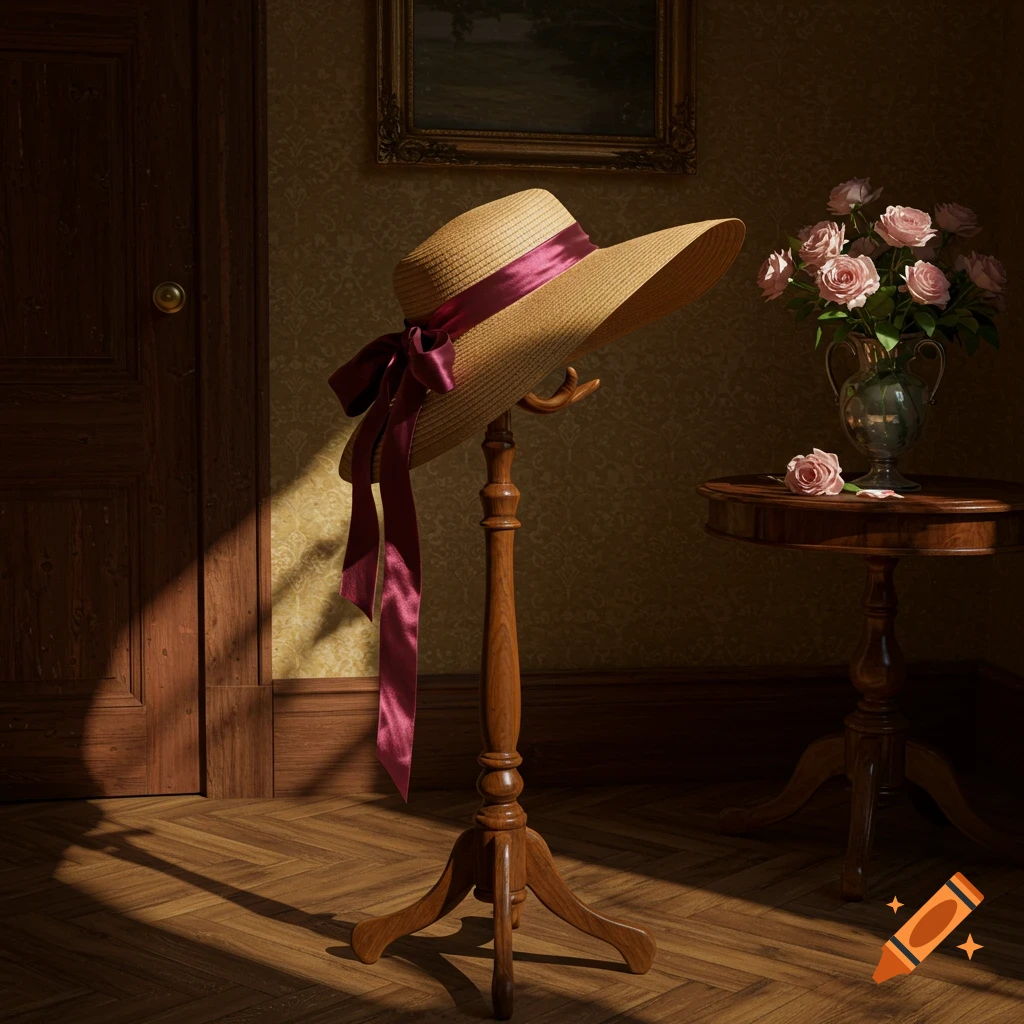 A straw hat with a burgundy ribbon on a wooden hat stand, next to a table with pink roses in an antique room. Photorealistic.