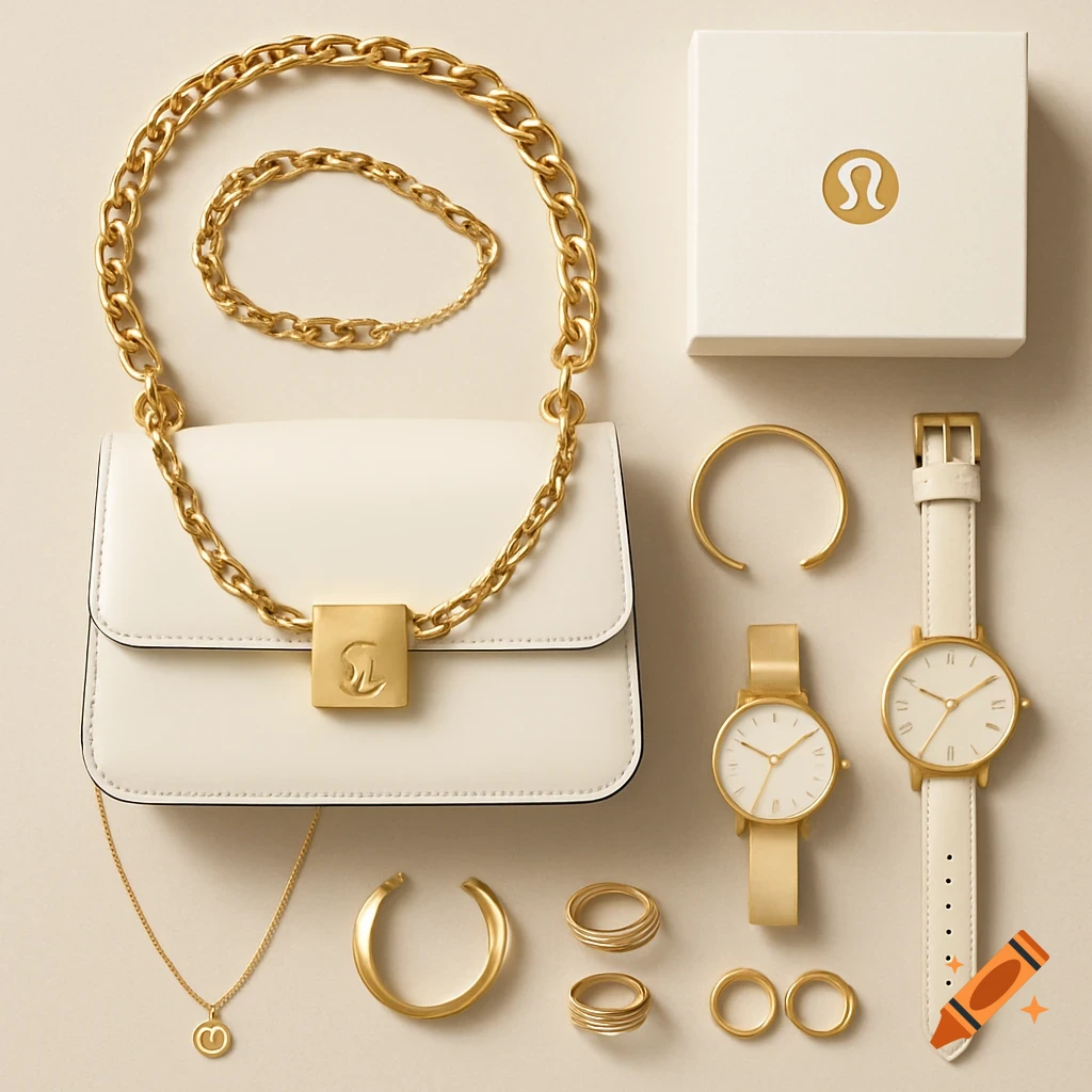 A flat lay of gold and off-white luxury accessories including a chain necklace, a white purse with a gold chain, watches, bracelets, and rings, next to an ivory-white gift box.