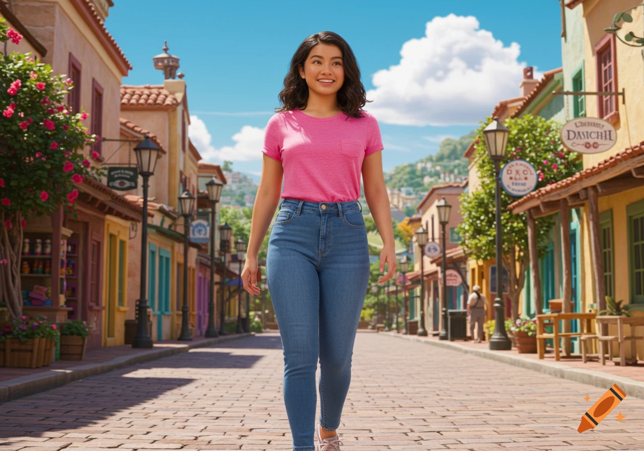 A young woman in a pink t-shirt and blue jeans walks down a colorful, cobblestone street in a cheerful town.