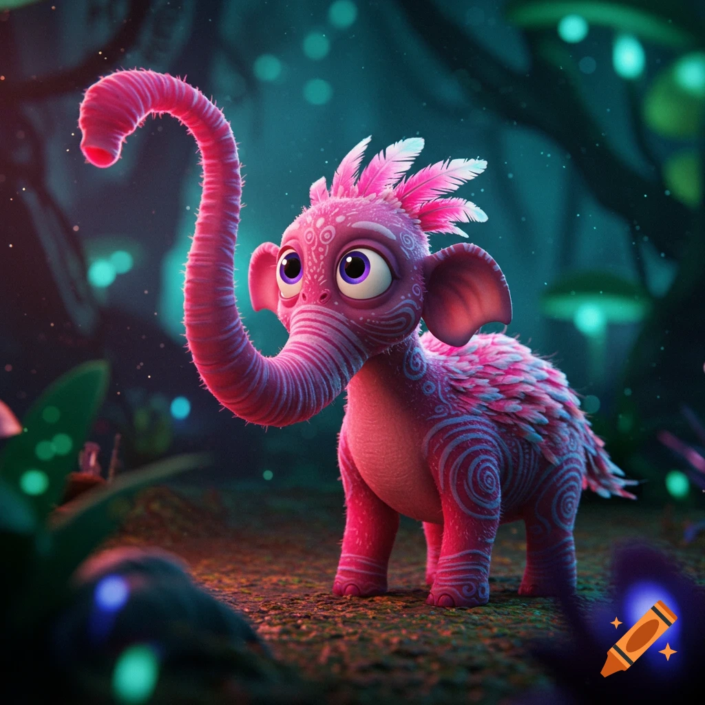 Cute pink fluffy elephant-like creature with feathers and intricate patterns in a glowing magical forest, 3D render.