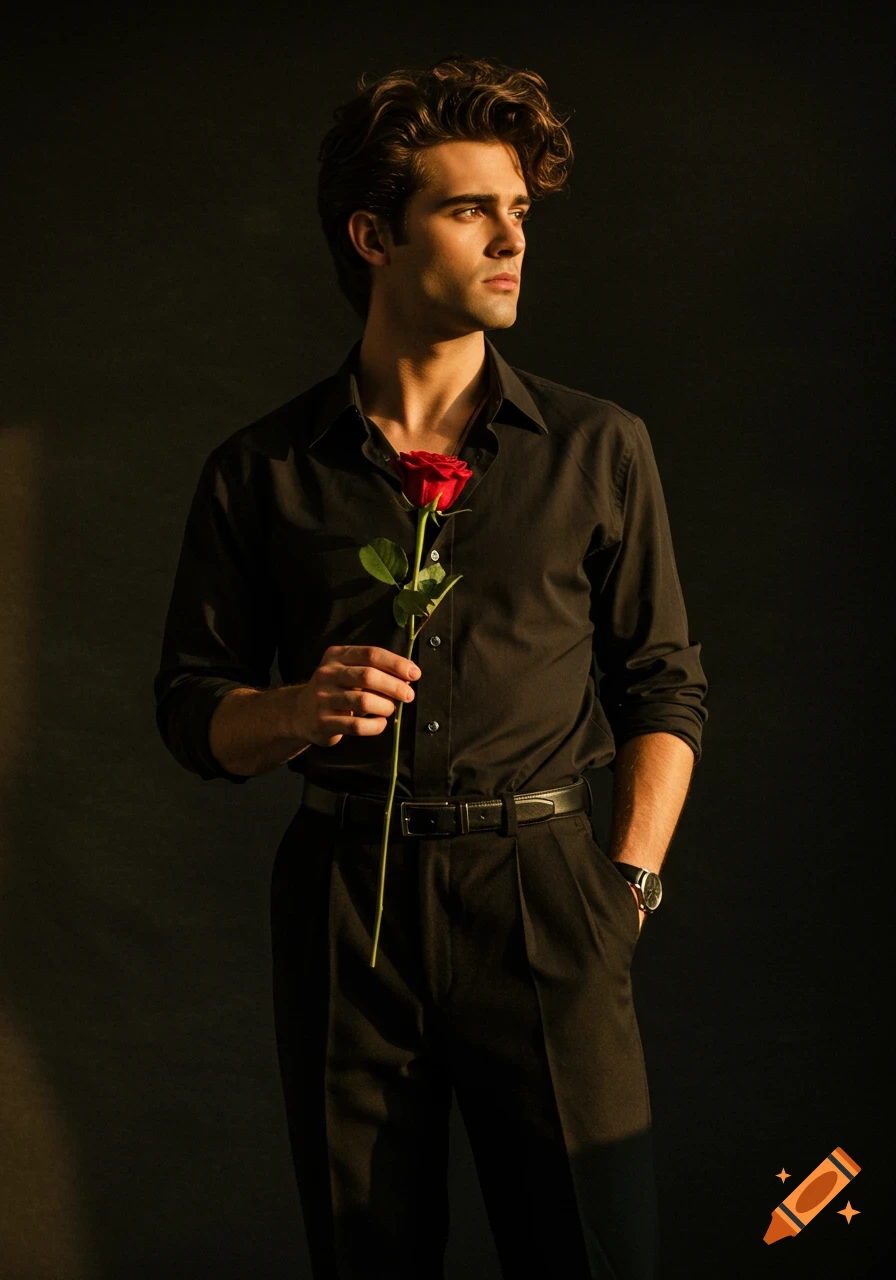 Cinematic portrait of a handsome man in a black shirt, holding a red rose, looking sideways under dramatic golden hour light against a dark background.