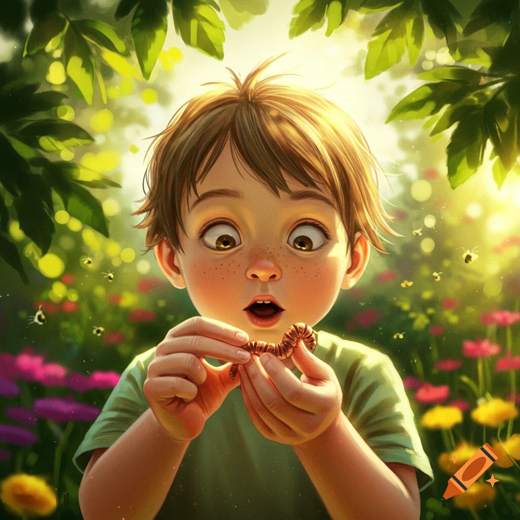 A wide-eyed boy in a lush, vibrant garden holds a small worm between his fingers, surrounded by glowing insects and green leaves.