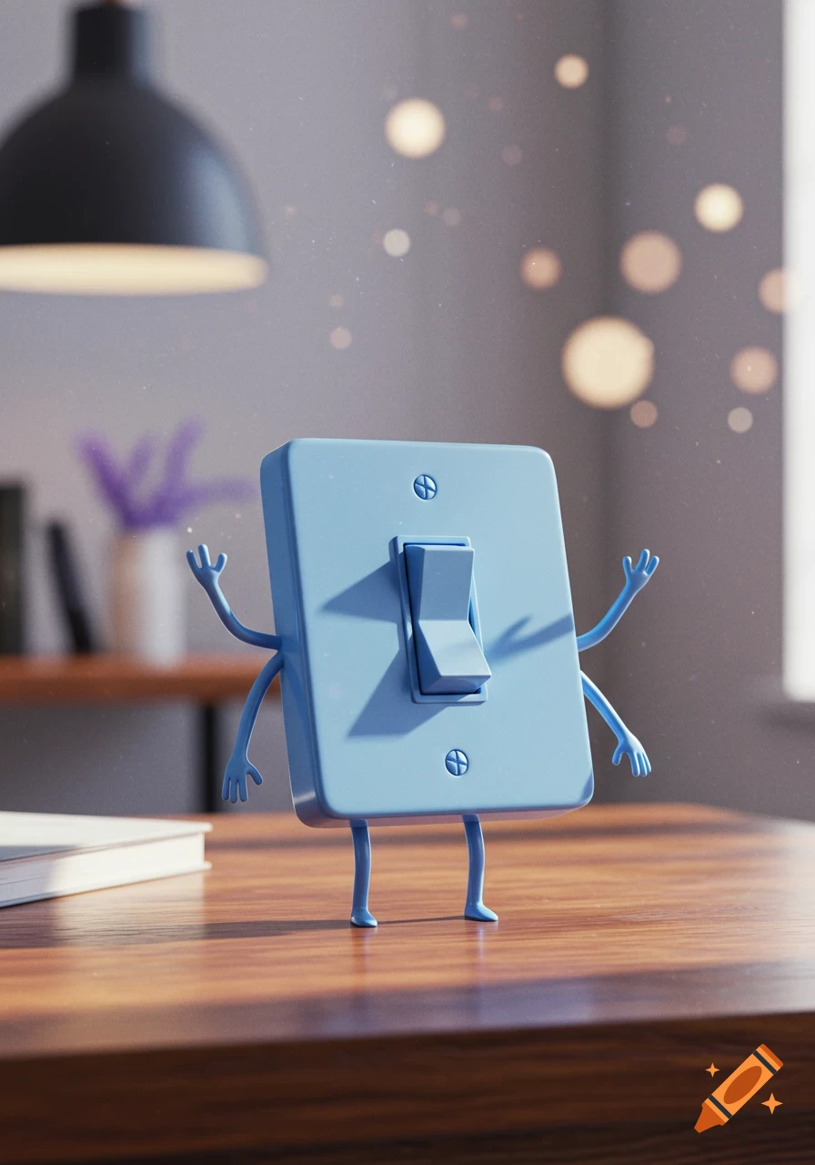 A cute, periwinkle blue anthropomorphic light switch with arms and legs stands on a wooden desk in a stylized room.