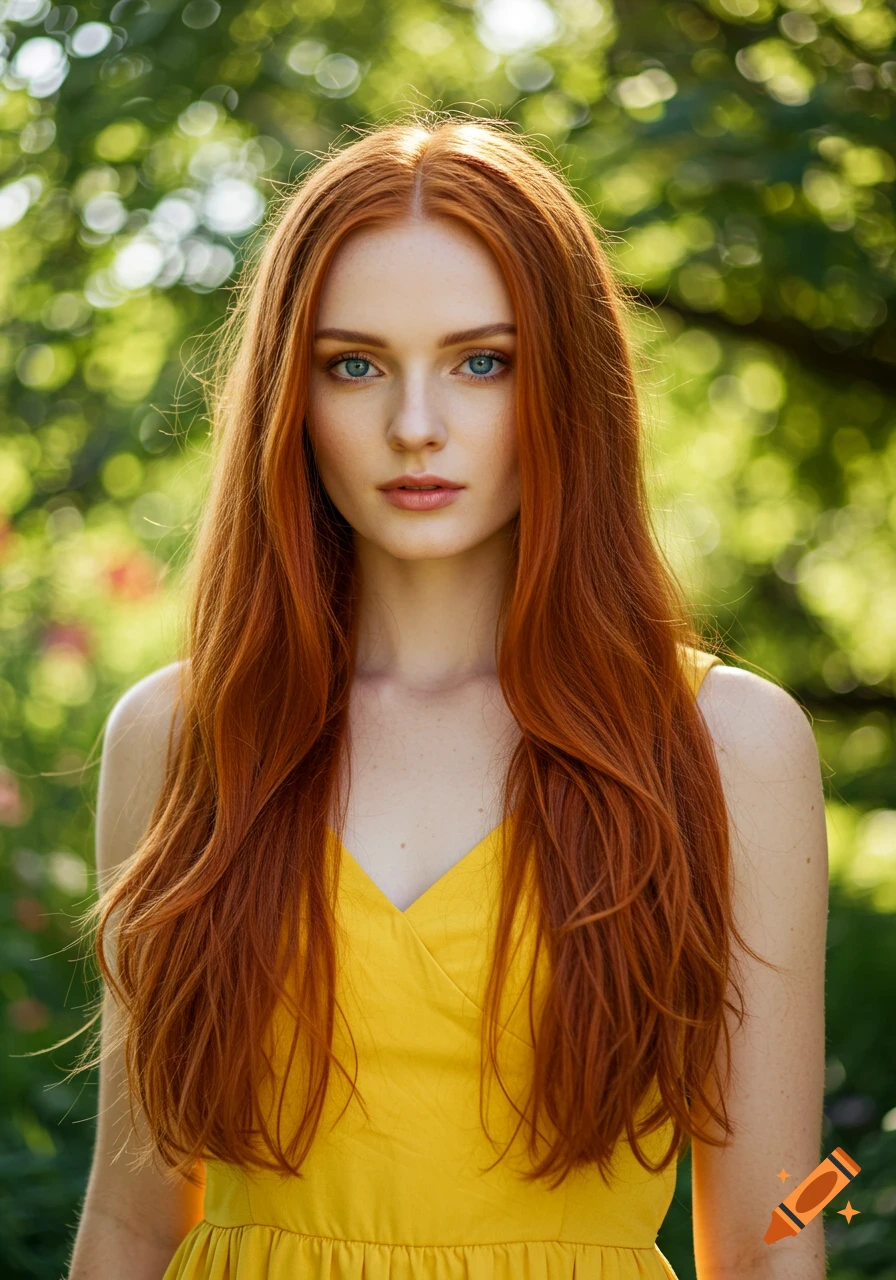 A photorealistic portrait of a woman with long red hair and blue eyes, wearing a yellow sundress, in a sun-dappled green outdoor setting.