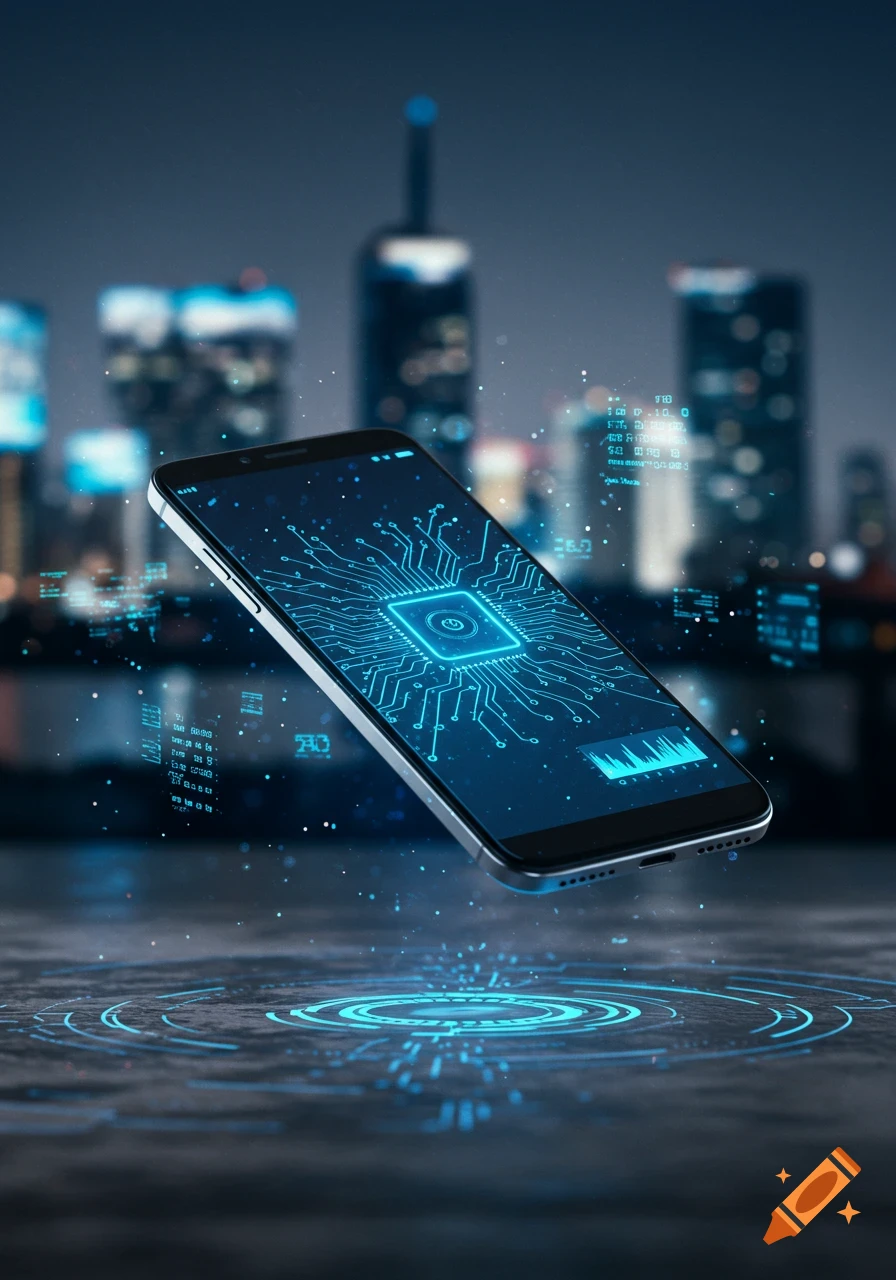 Photorealistic image of a smartphone with glowing blue circuitry and data, floating above a digital interface, against a blurred city background at night.