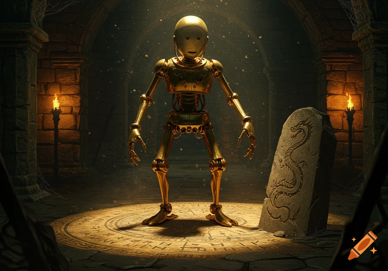 A golden, faceless robot stands in a torchlit stone dungeon with a circular rune-covered floor and a dragon-carved stone slab.