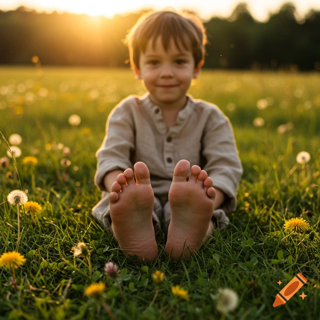 Young boy sitting barefoot in a sunny field with dandelions, showing his feet, photorealistic.