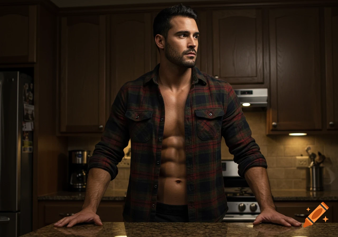A muscular man with a beard and open flannel shirt stands in a photorealistic kitchen, leaning on a counter.