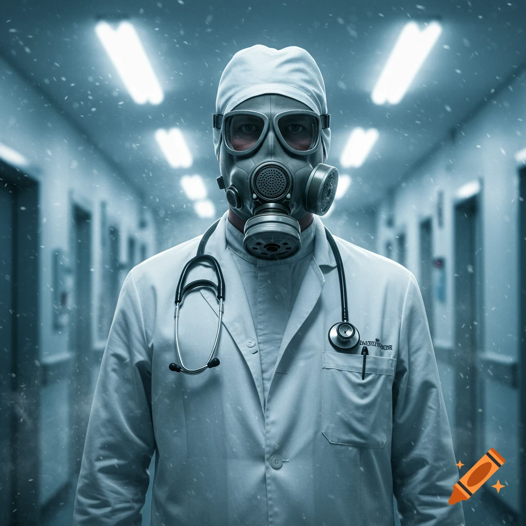 A doctor in a white lab coat and gas mask stands in a dimly lit, eerie hospital corridor with particles falling.