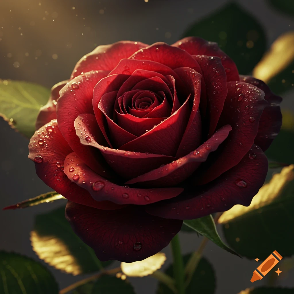 A vibrant red rose with water droplets on its petals, illuminated by golden light against a dark background, in a photorealistic style.