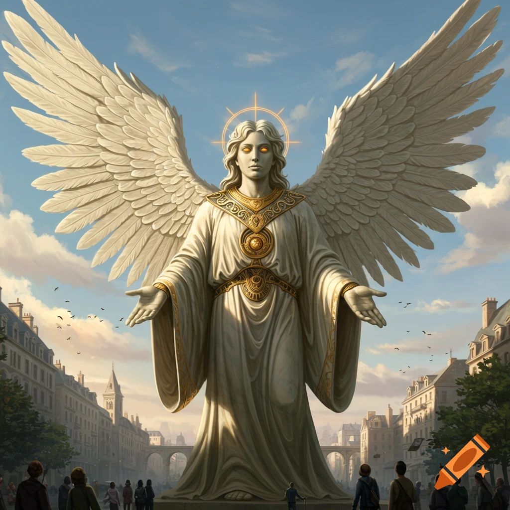 A colossal marble statue of an angel with unfurled wings and glowing eyes dominates a European city street, with small people below.