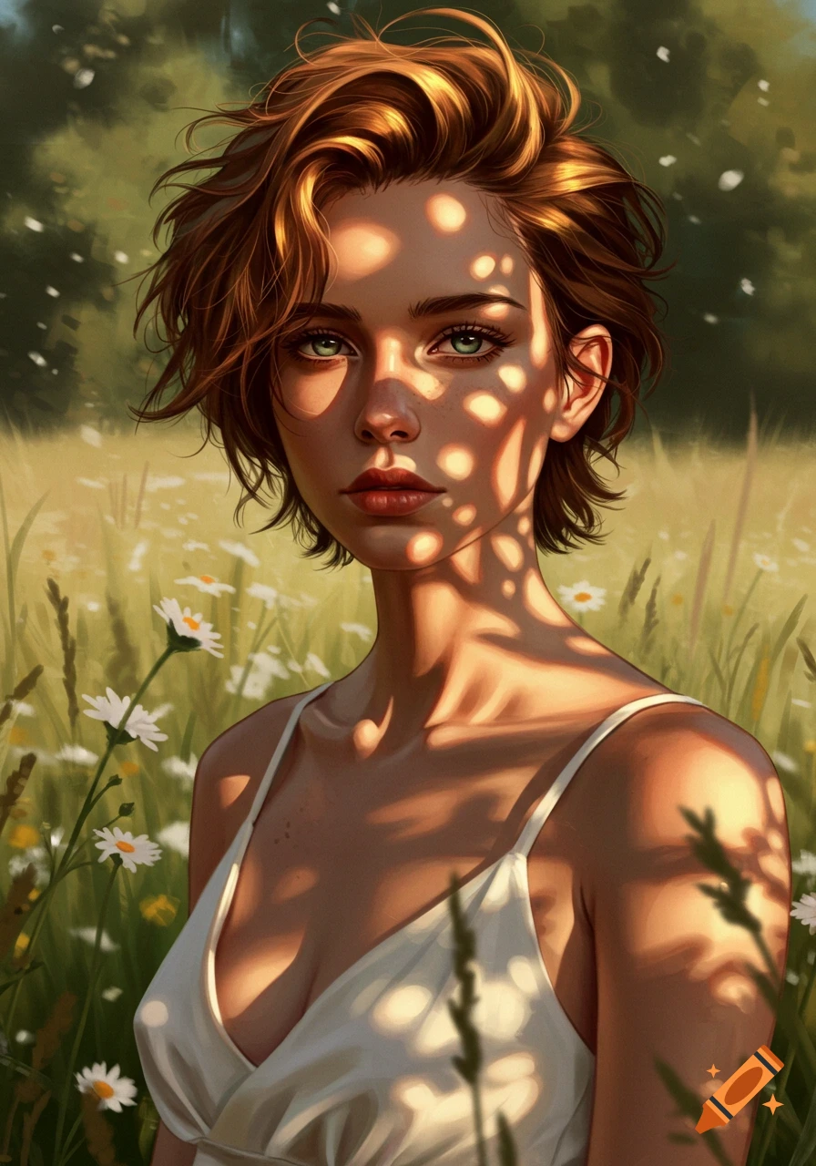 A photorealistic portrait of a woman with short brown hair in a white slip, standing in a sunny field of daisies with dappled light on her face.