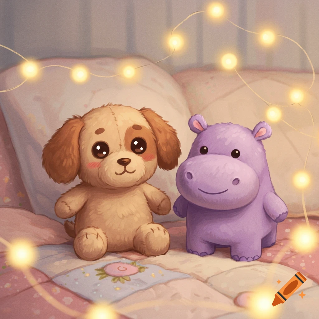 Cute illustration of a brown plush dog and a purple plush hippo sitting on a bed with string lights.