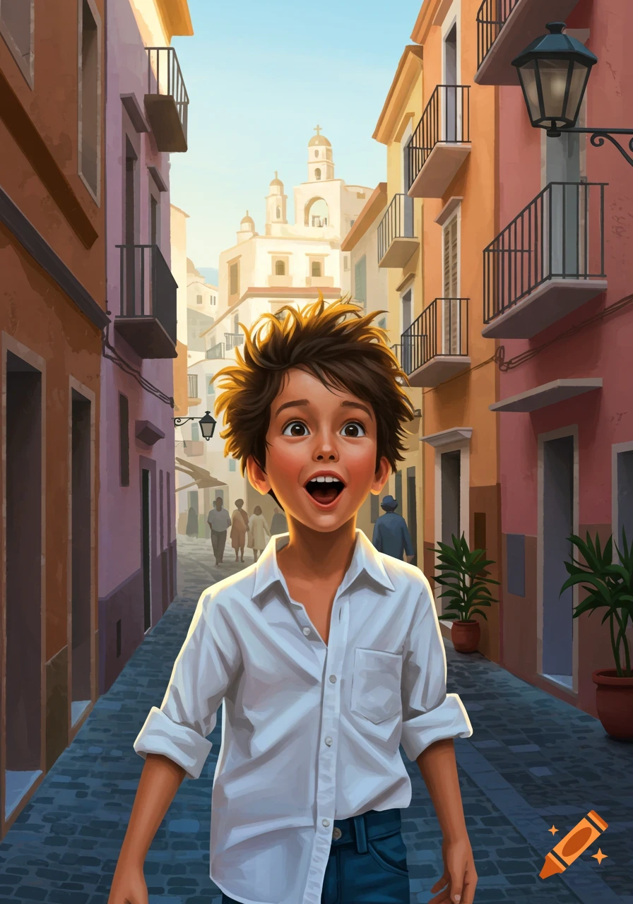 An illustration of a wide-eyed boy with spiky hair, smiling excitedly in a narrow, colorful street lined with buildings.