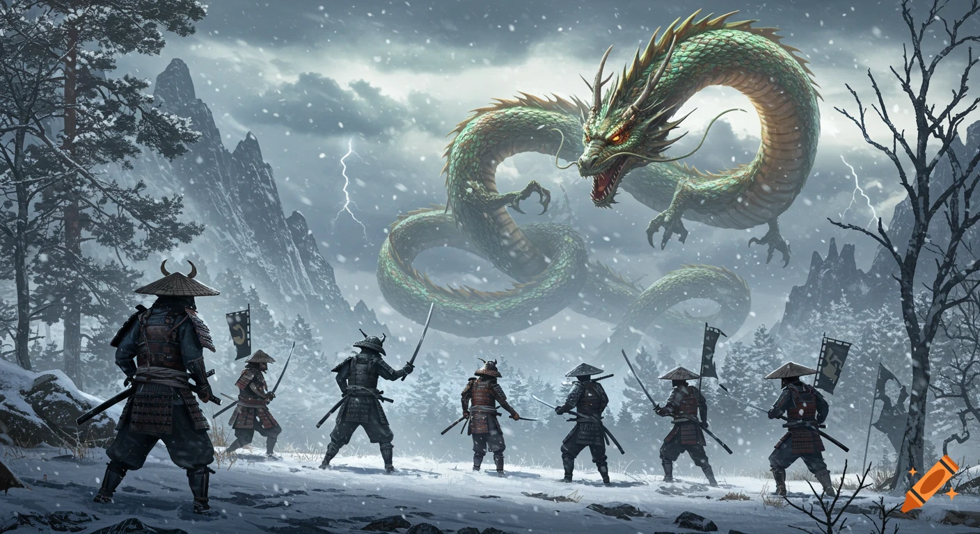 Hyperrealistic depiction of samurais battling a green dragon in a snowy, stormy mountain landscape.