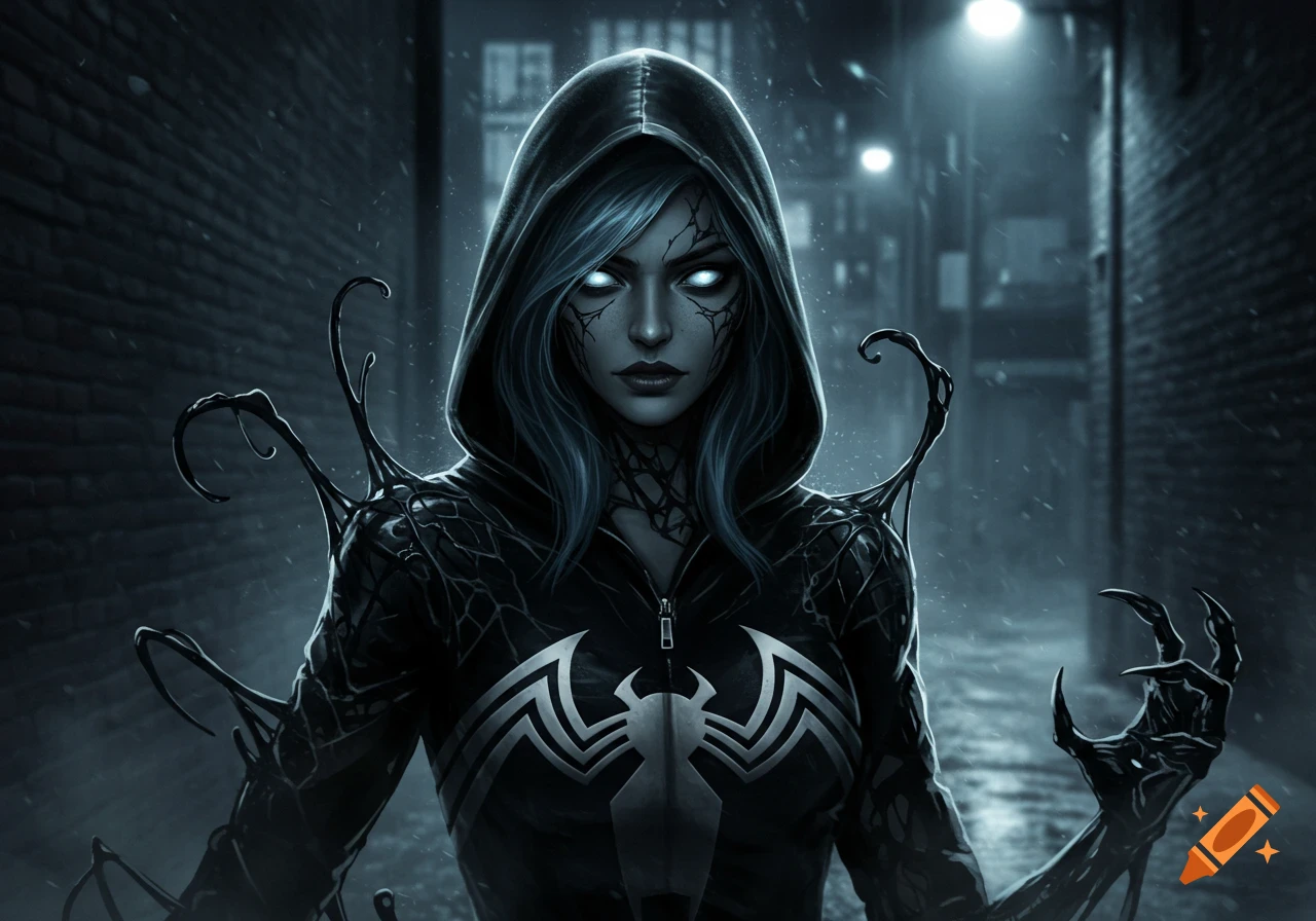 A hooded She-Venom with glowing eyes and symbiote tendrils wears a black suit with a white spider symbol in a dark, rainy alley.