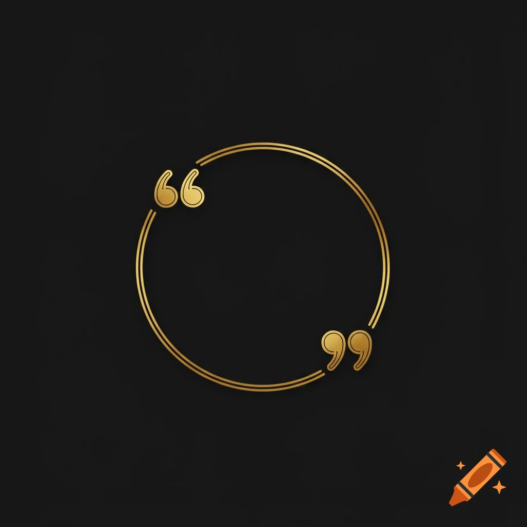 Minimalist gold circular frame with double quotation marks on a black background.