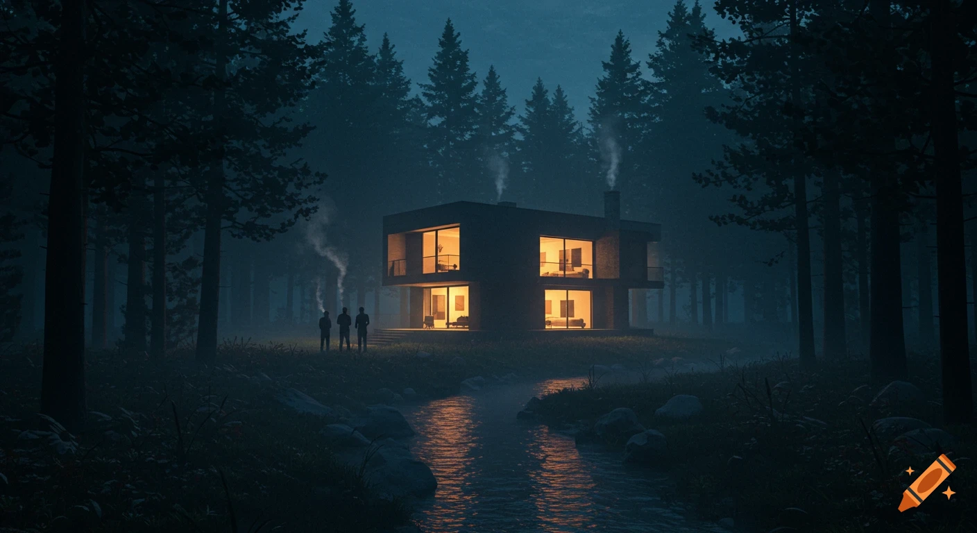 Modern minimalist house illuminated in a dark, misty forest, with a river reflecting light and three figures standing by its bank.