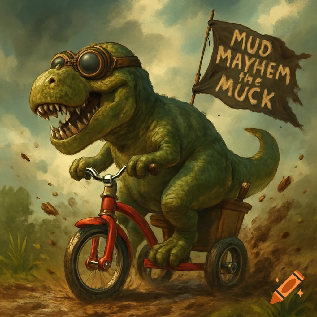 A cartoon T-Rex wearing goggles rides a red tricycle through mud, a flag on the back reads 'MUD MAYHEM the MUCK'.